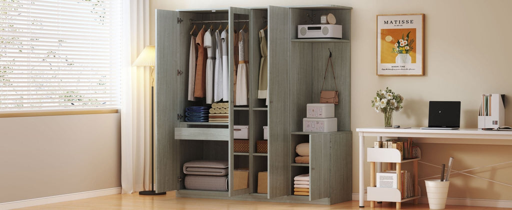 Anthony & Home Studio Gray four-door wardrobe with full-length mirror, showcasing sleek design and spacious storage.