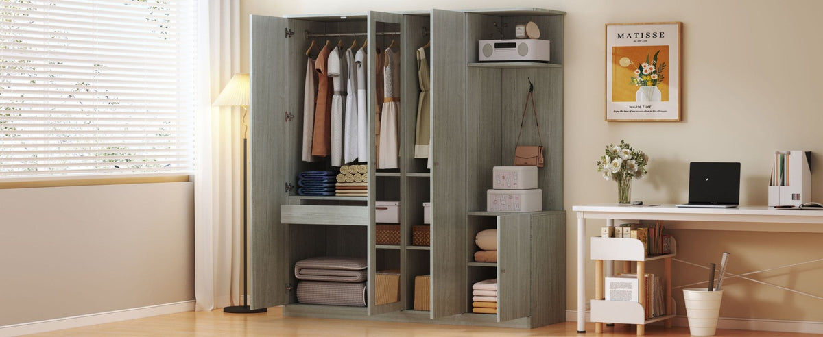 Anthony & Home Studio Gray four-door wardrobe with full-length mirror, showcasing sleek design and spacious storage.