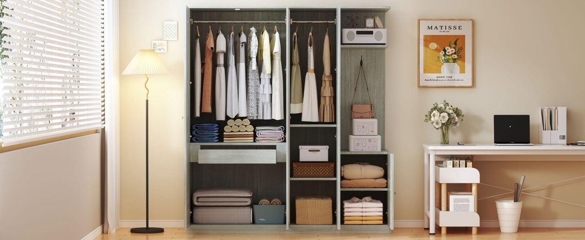 Anthony & Home Studio Gray four-door wardrobe with full-length mirror, showcasing modern design and spacious storage.