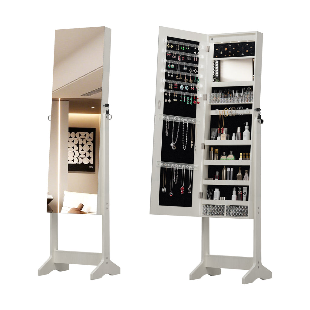 Anthony & Home Studio Lacquered MDF jewelry armoire with full-length mirror and storage compartments.