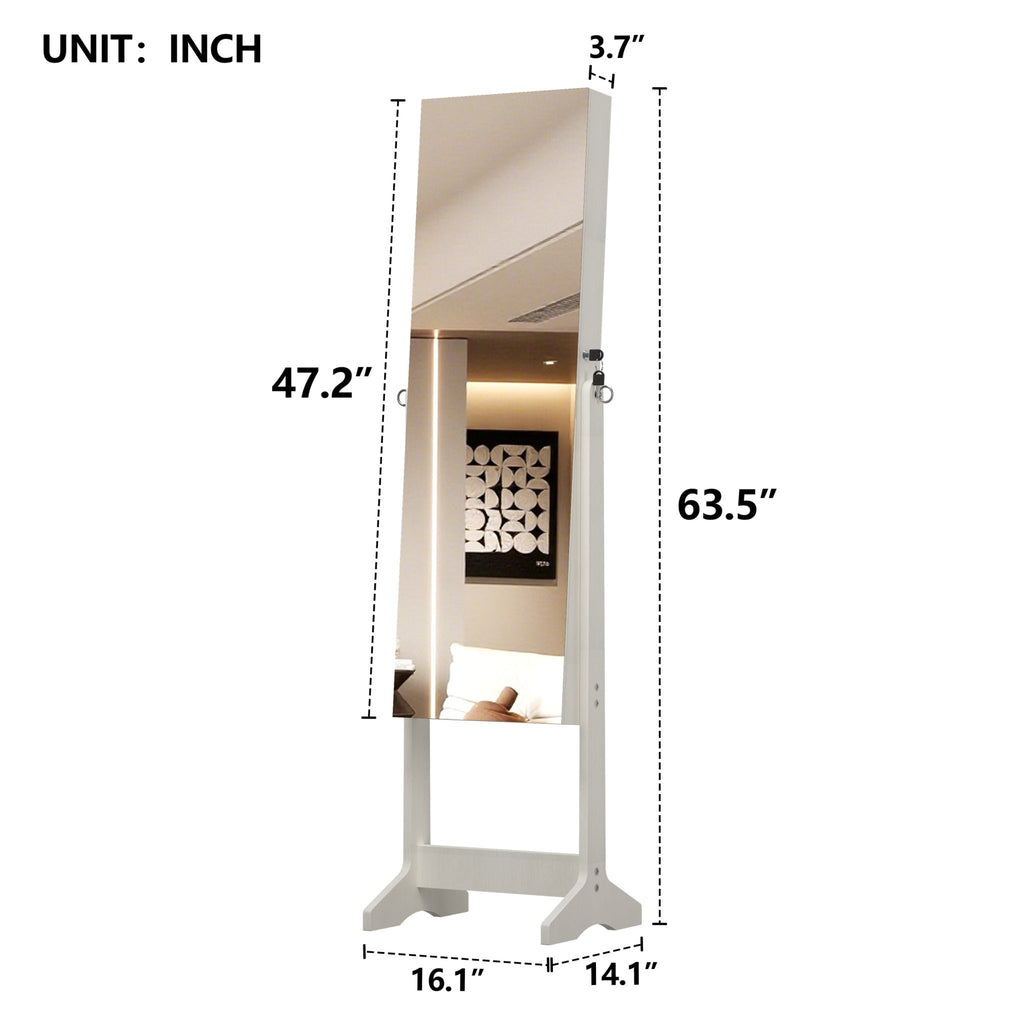 Anthony & Home Studio Lacquered MDF jewelry armoire with full-length mirror, featuring sleek design and storage compartments.