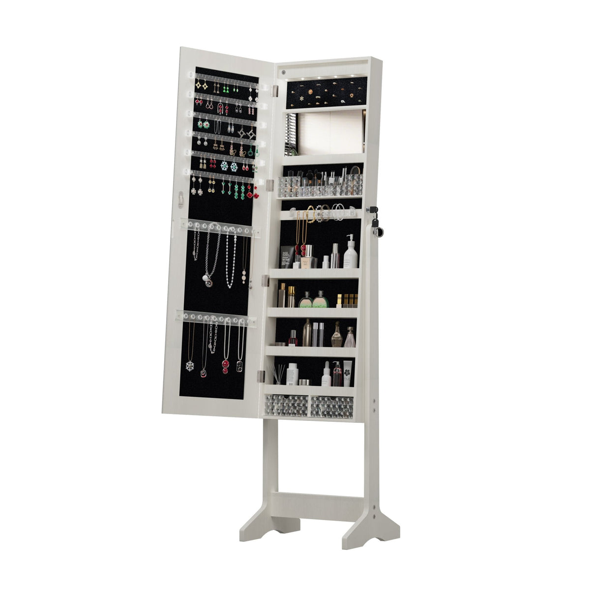 Anthony & Home studio lacquered MDF jewelry armoire with full-length mirror and storage compartments.