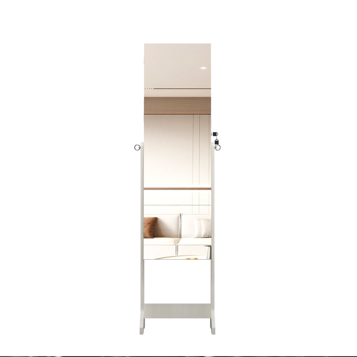 Anthony & Home Studio lacquered MDF jewelry armoire with full-length mirror, showcasing sleek design and interior storage compartments.