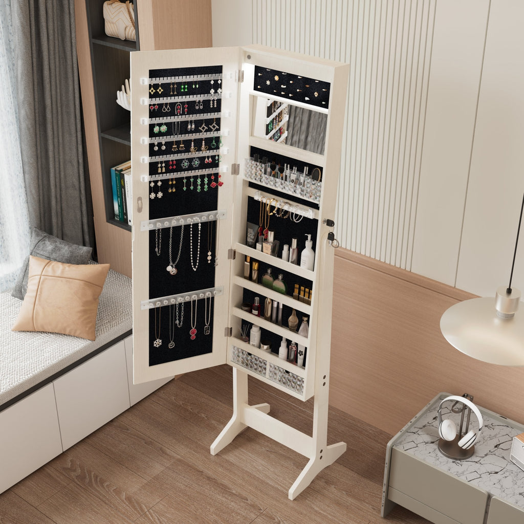 Anthony & Home studio lacquered MDF jewelry armoire with full-length mirror, featuring storage compartments and a sleek design.