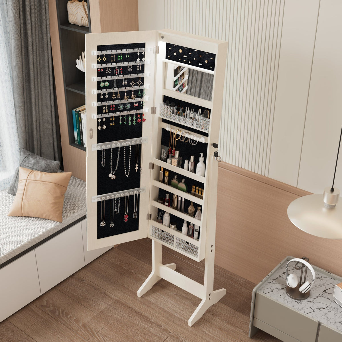 Anthony & Home studio lacquered MDF jewelry armoire with full-length mirror, featuring storage compartments and a sleek design.