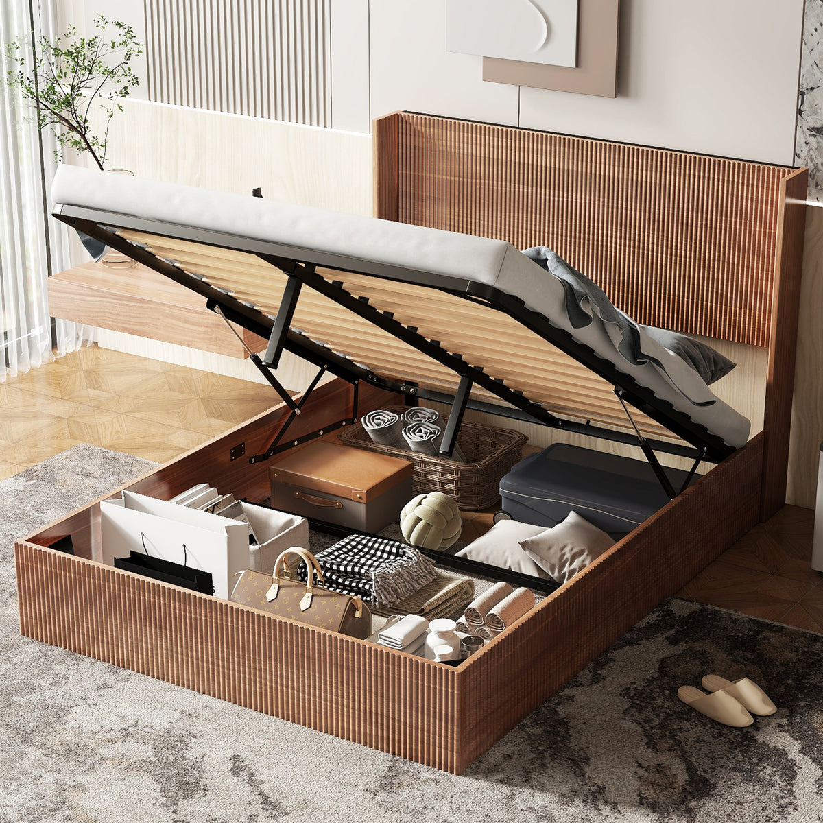 Anthony & Home Studio Lift-Storage Platform Bed Queen with sleek design, upholstered headboard, and built-in storage drawers.