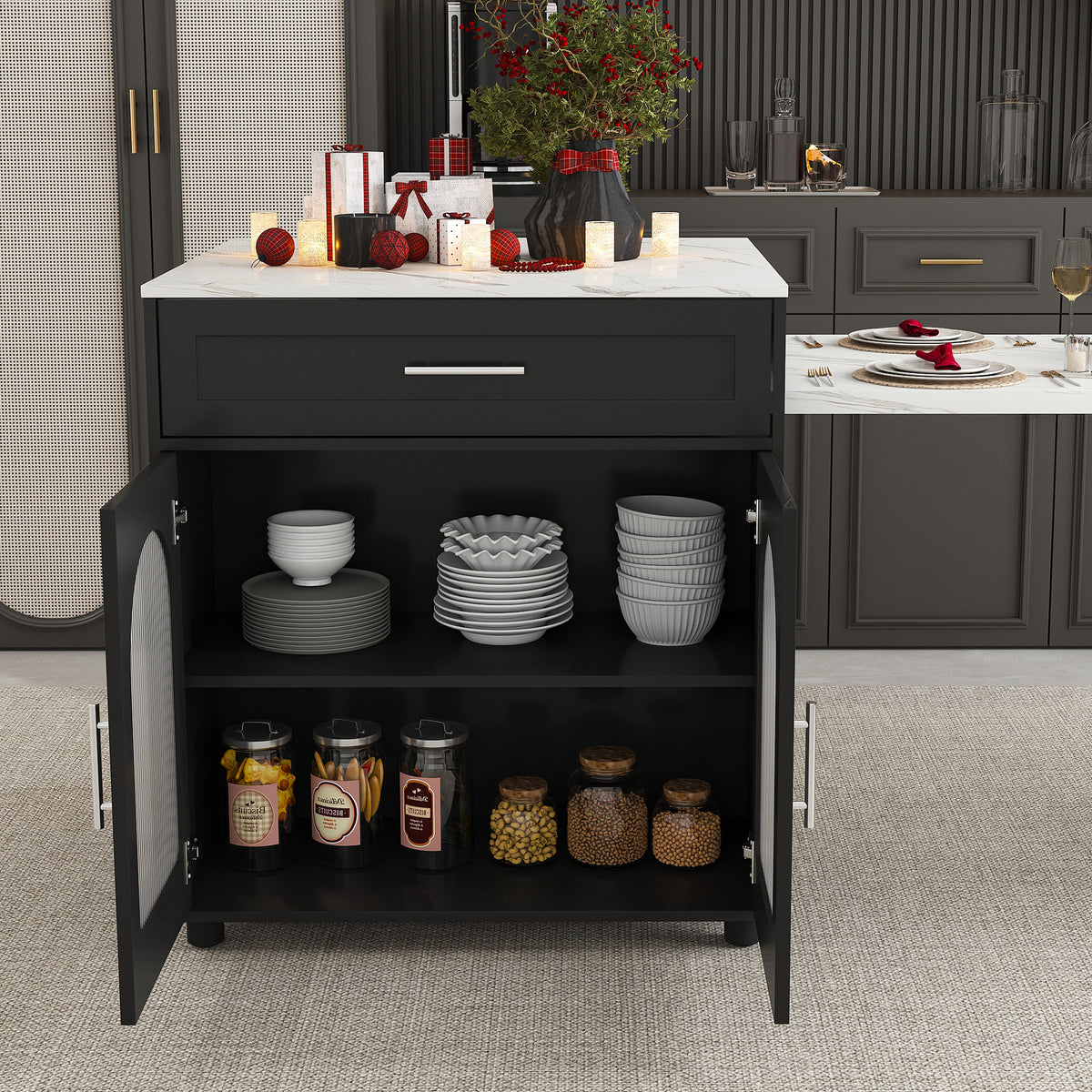 Anthony & Home Studio Marble-Grain Countertop Expandable Kitchen Island with wooden base and spacious surface for cooking and prep.