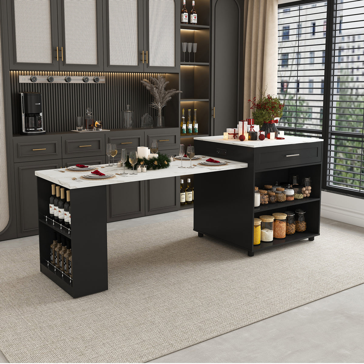 Anthony & Home Studio Marble-Grain Countertop Expandable Kitchen Island with wood base and spacious work surface.