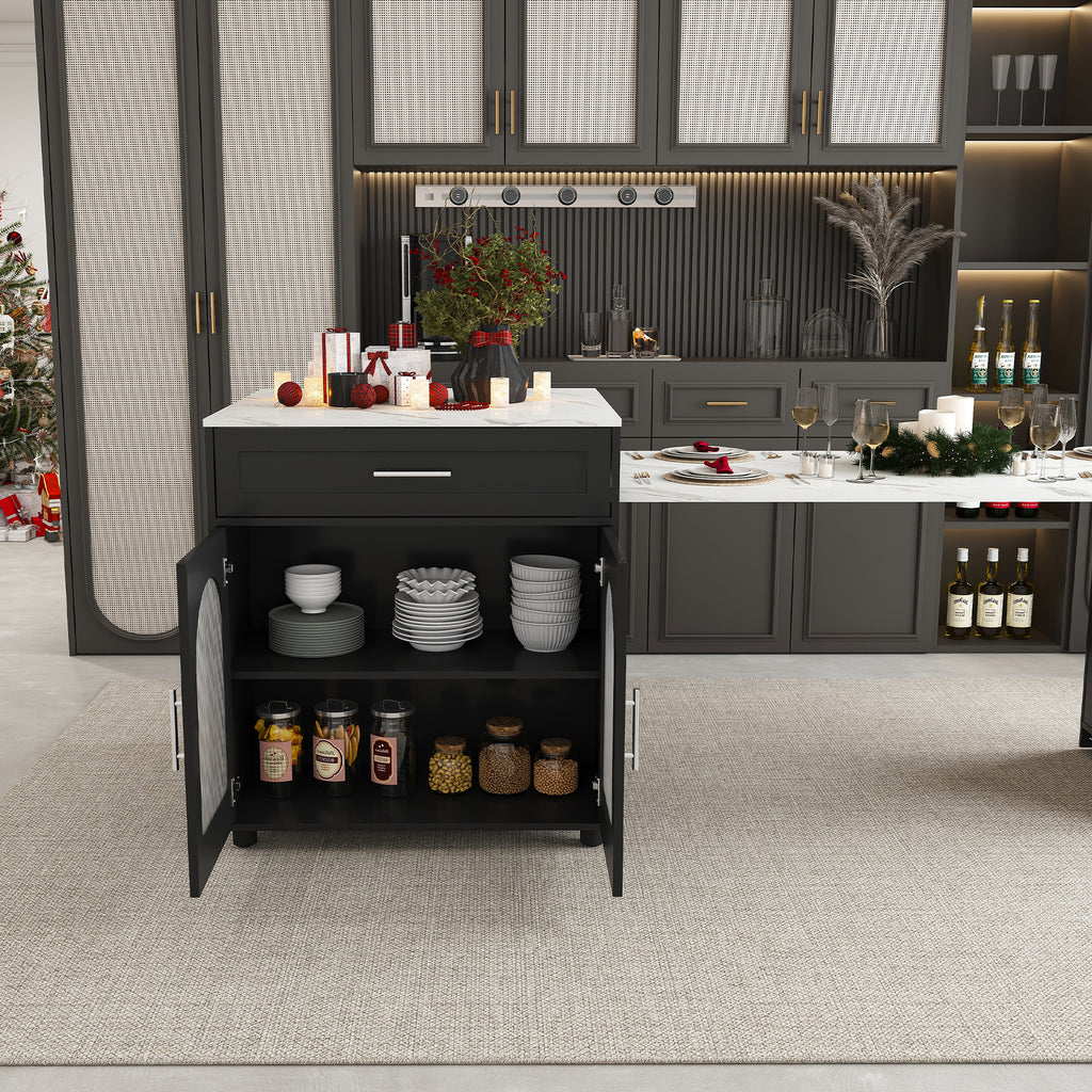 Anthony & Home Studio Marble-Grain Countertop Expandable Kitchen Island with wooden base and adjustable extension for versatile cooking space