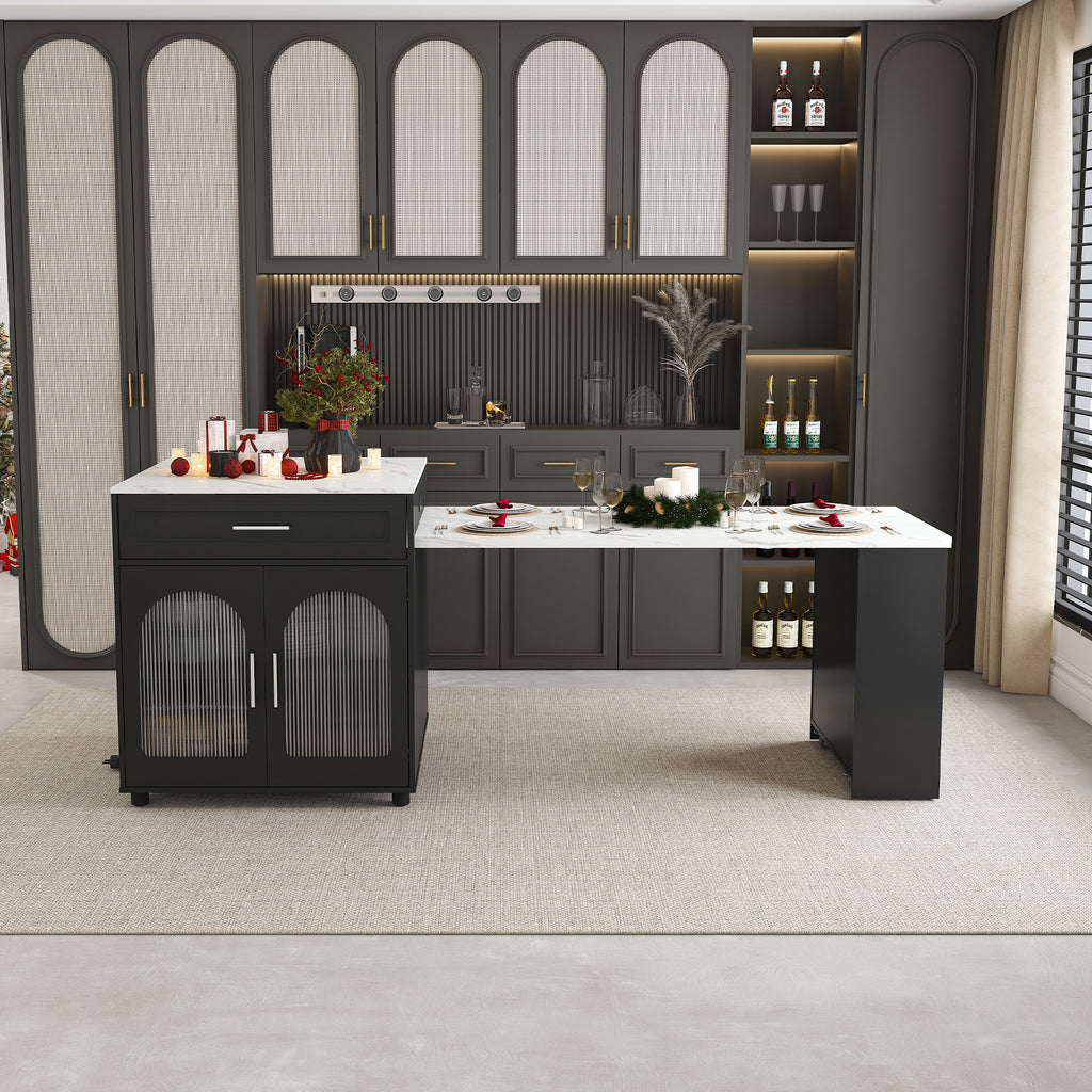 Anthony & Home Studio Marble-Grain Kitchen Island with expandable countertop and storage, showcasing its elegant marble-like surface.