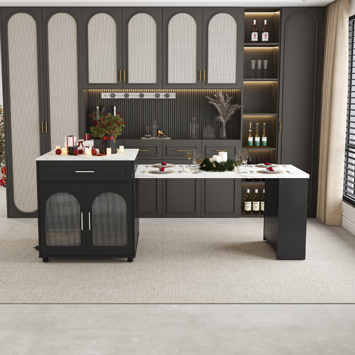 Anthony & Home Studio Marble-Grain Kitchen Island with expandable countertop and storage, showcasing its elegant marble-like surface.
