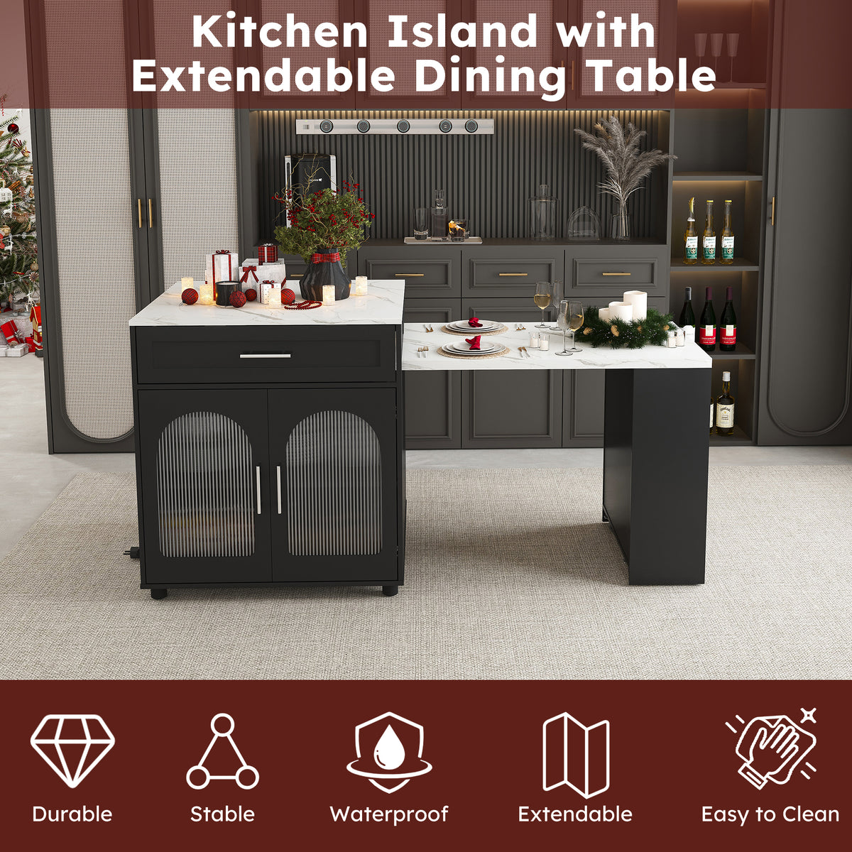 Anthony & Home Studio Marble-Grain Kitchen Island with expandable countertop and storage, featuring a sleek marble-like surface and modern design.