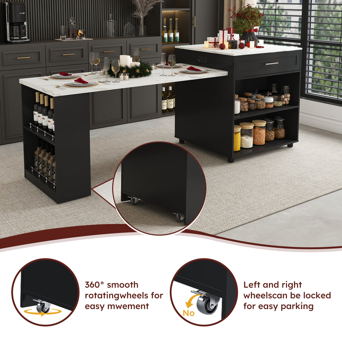 Anthony & Home marble-grain kitchen island with expandable countertop and storage, ideal for modern kitchen spaces.