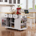 White Anthony & Home Studio MDF kitchen island with drop leaf, bar stools, power outlet, and storage cart.