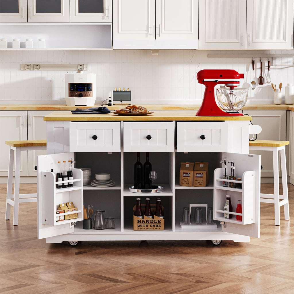 White MDF kitchen island with drop leaf, bar stools, power outlet, and storage cart from Anthony & Home.