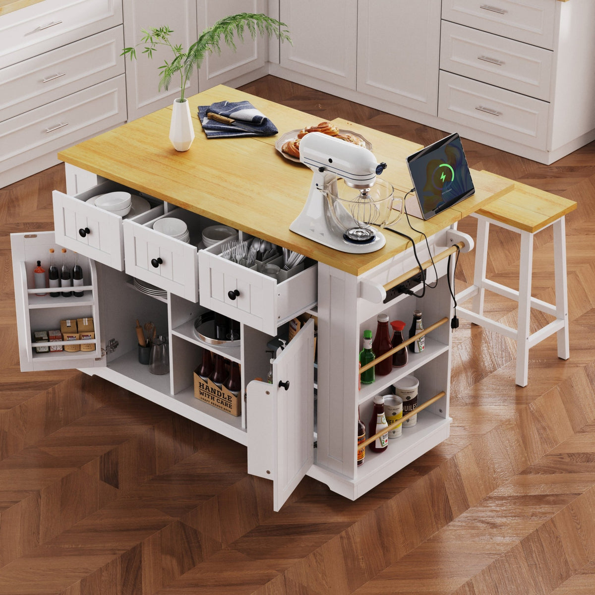 Anthony & Home white MDF kitchen island with drop leaf, bar stools, power outlet, and storage cart for modern kitchens.