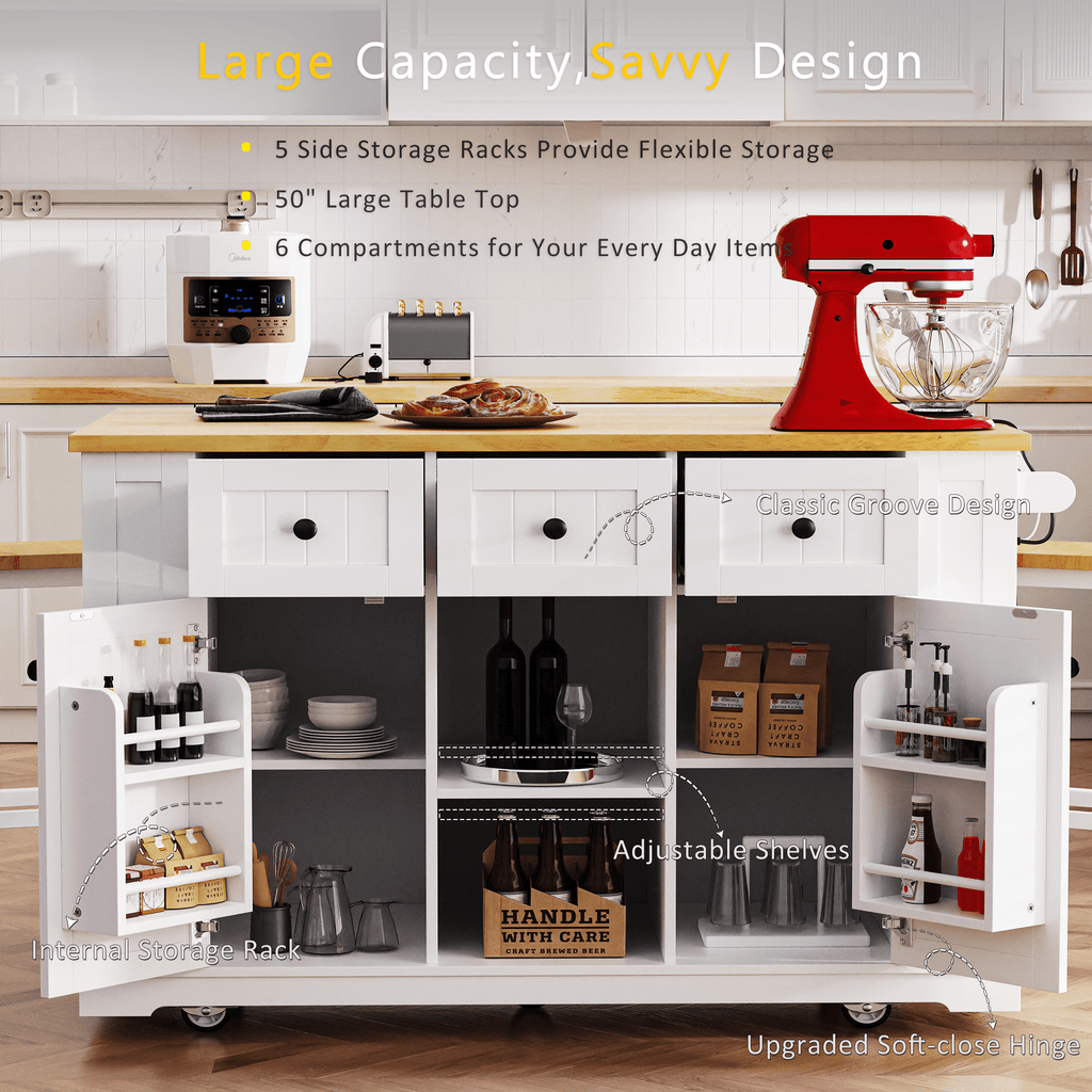 White Anthony & Home kitchen island with drop leaf, bar stools, storage cart, and built-in power outlet in a modern kitchen setting.