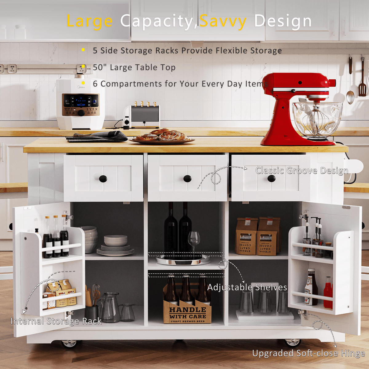 White Anthony & Home kitchen island with drop leaf, bar stools, storage cart, and built-in power outlet in a modern kitchen setting.