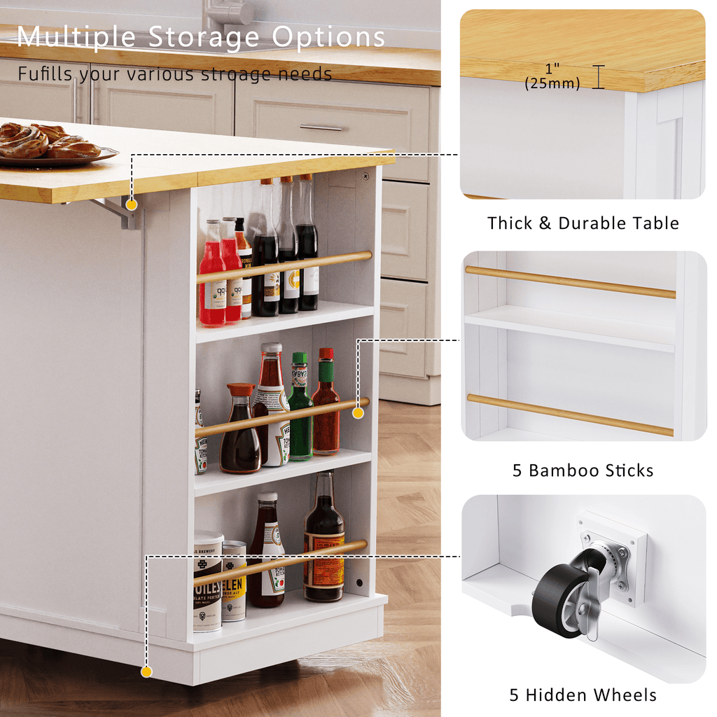 White kitchen island with drop leaf, bar stools, storage cart, and power outlet from Anthony & Home studio MDF crafted.