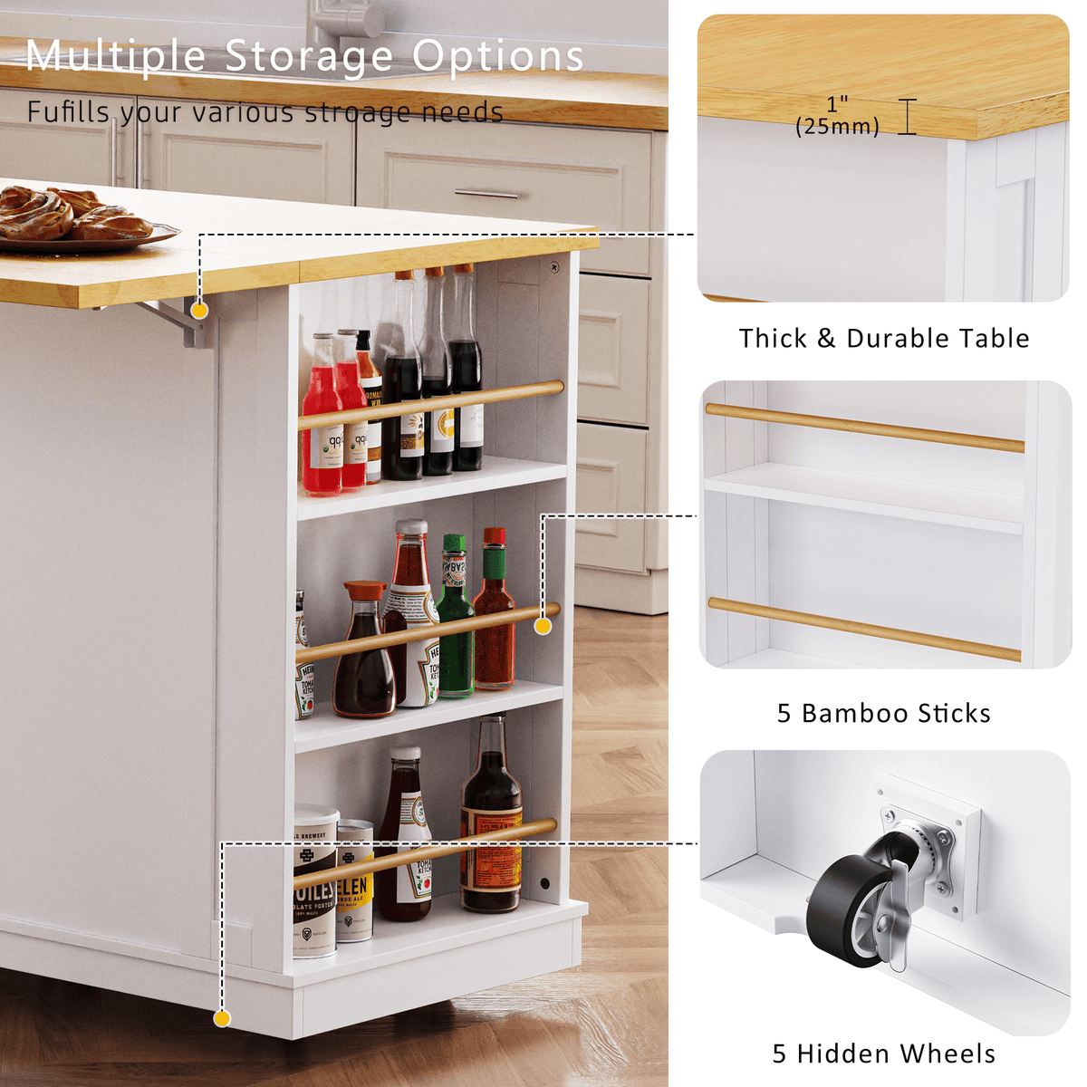 White kitchen island with drop leaf, bar stools, storage cart, and power outlet from Anthony & Home studio MDF crafted.