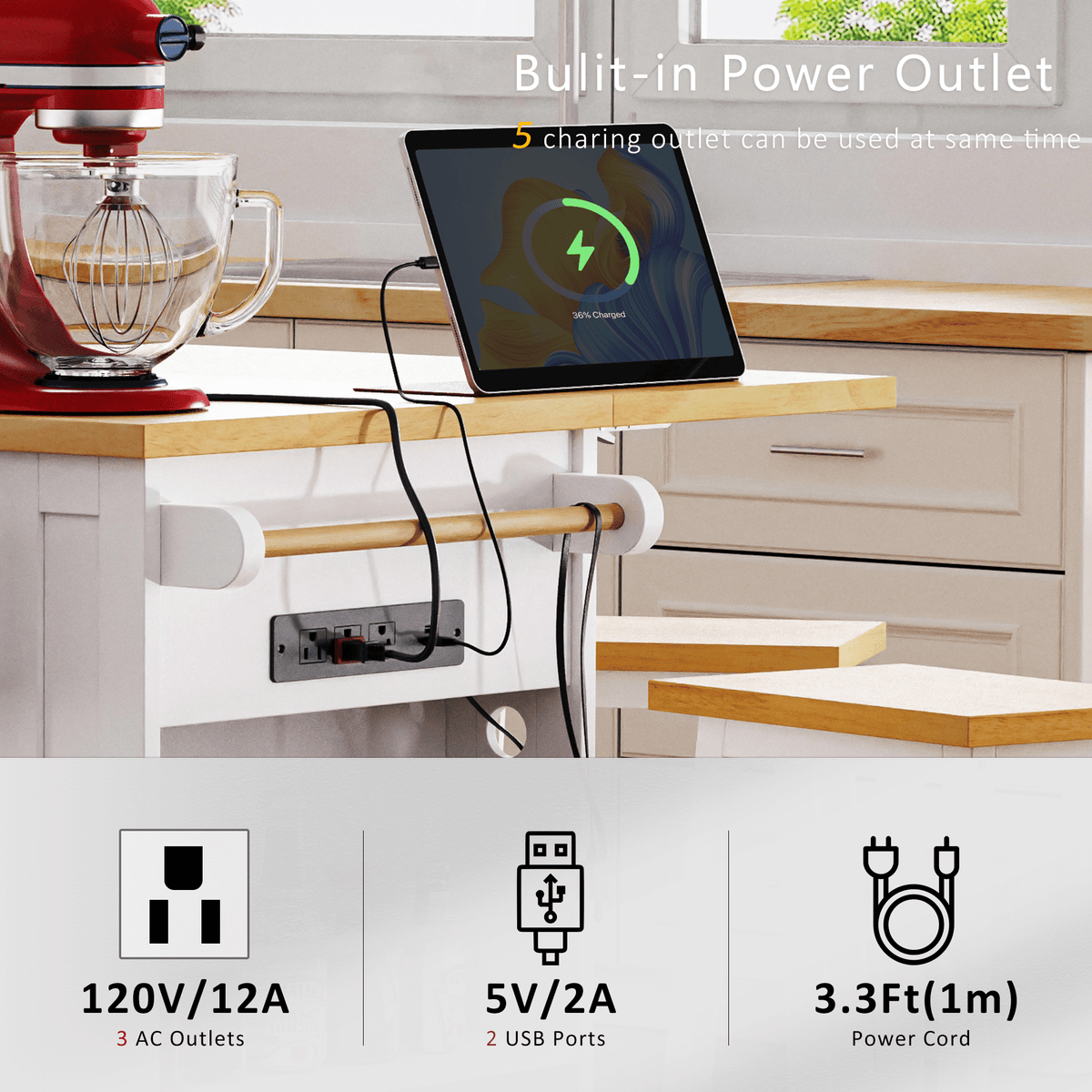 Anthony & Home white MDF kitchen island with drop leaf, bar stools, power outlet, and storage cart, crafted for functional kitchen space.