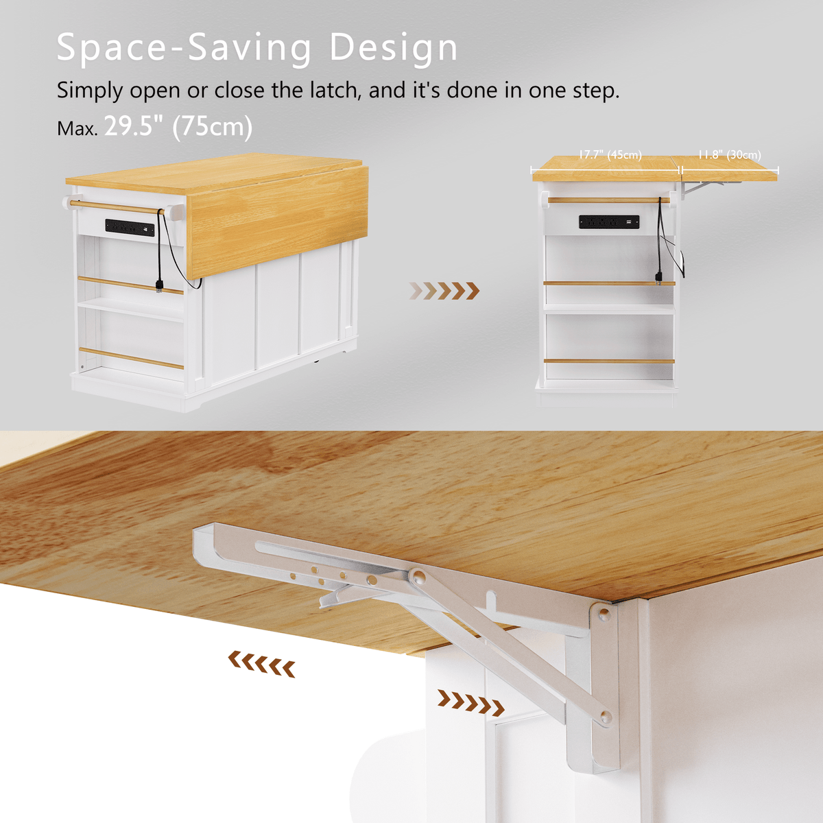 Anthony & Home white MDF kitchen island with drop leaf, bar stools, power outlet, and storage cart for modern kitchen use.