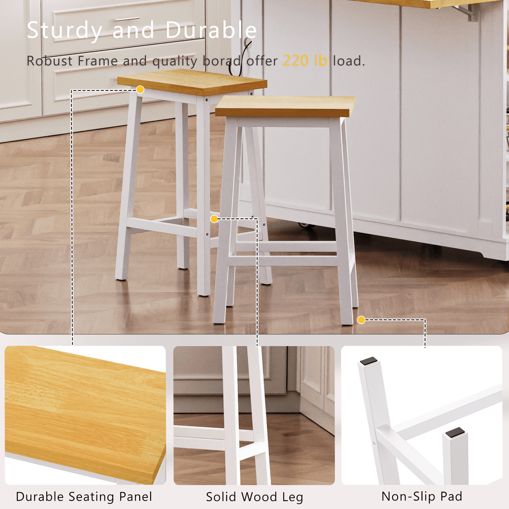 Anthony & Home white MDF kitchen island with drop leaf, bar stools, storage, and built-in power outlet for modern kitchens.