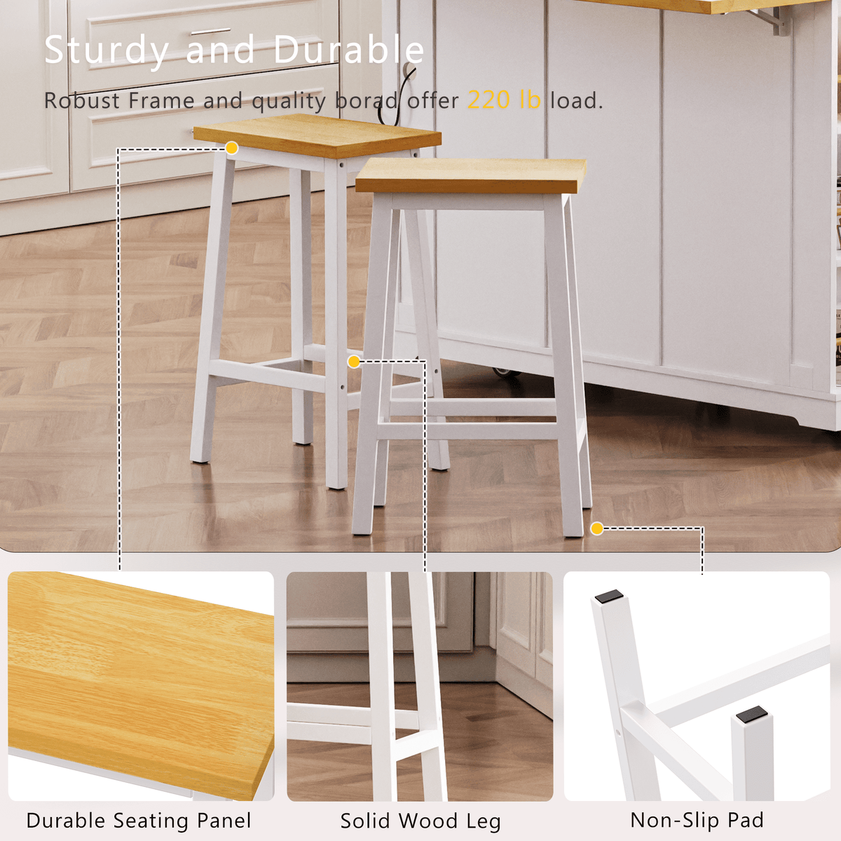 Anthony & Home white MDF kitchen island with drop leaf, bar stools, storage, and built-in power outlet for modern kitchens.