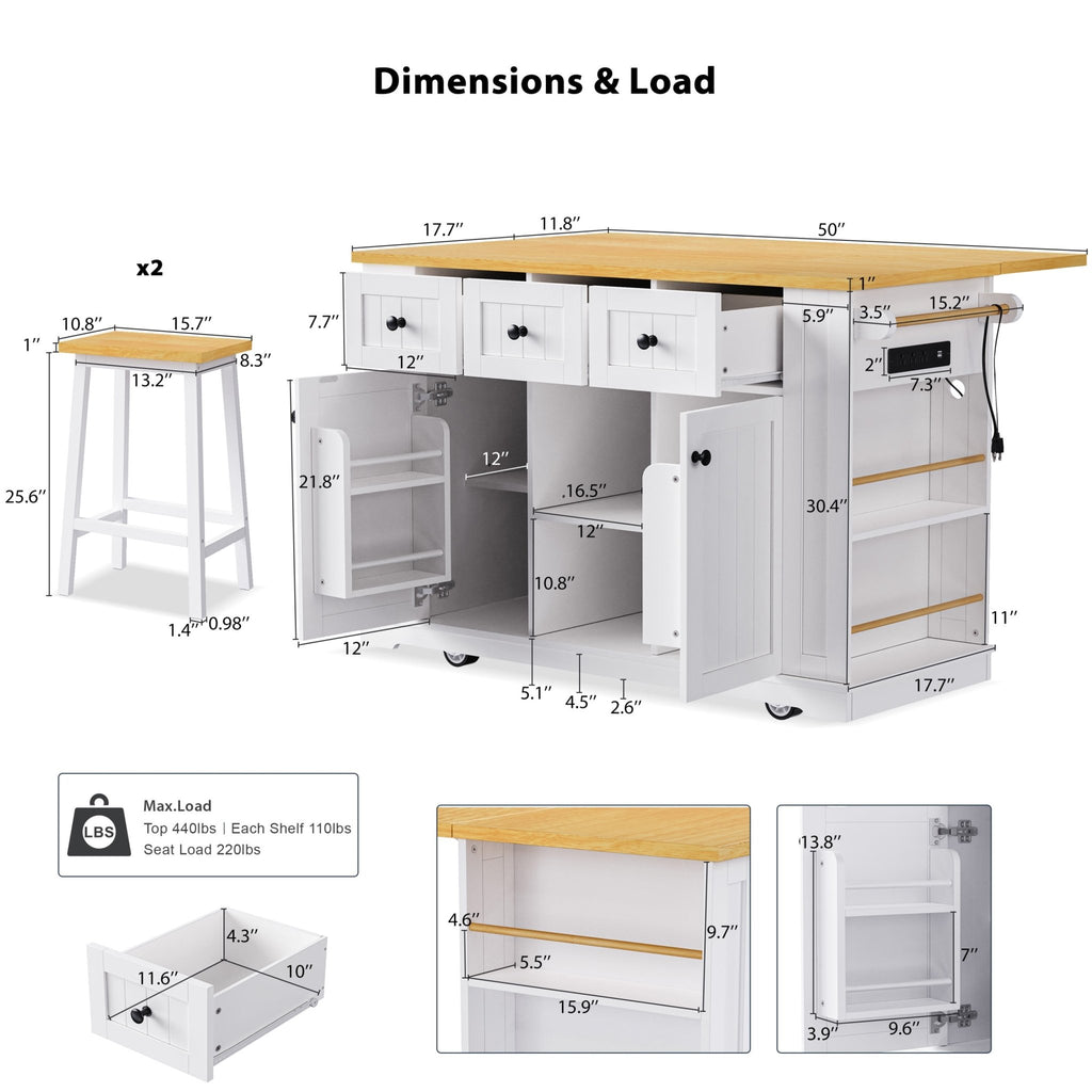 White studio MDF kitchen island with drop leaf, bar stools, power outlet, and storage cart from Anthony & Home.