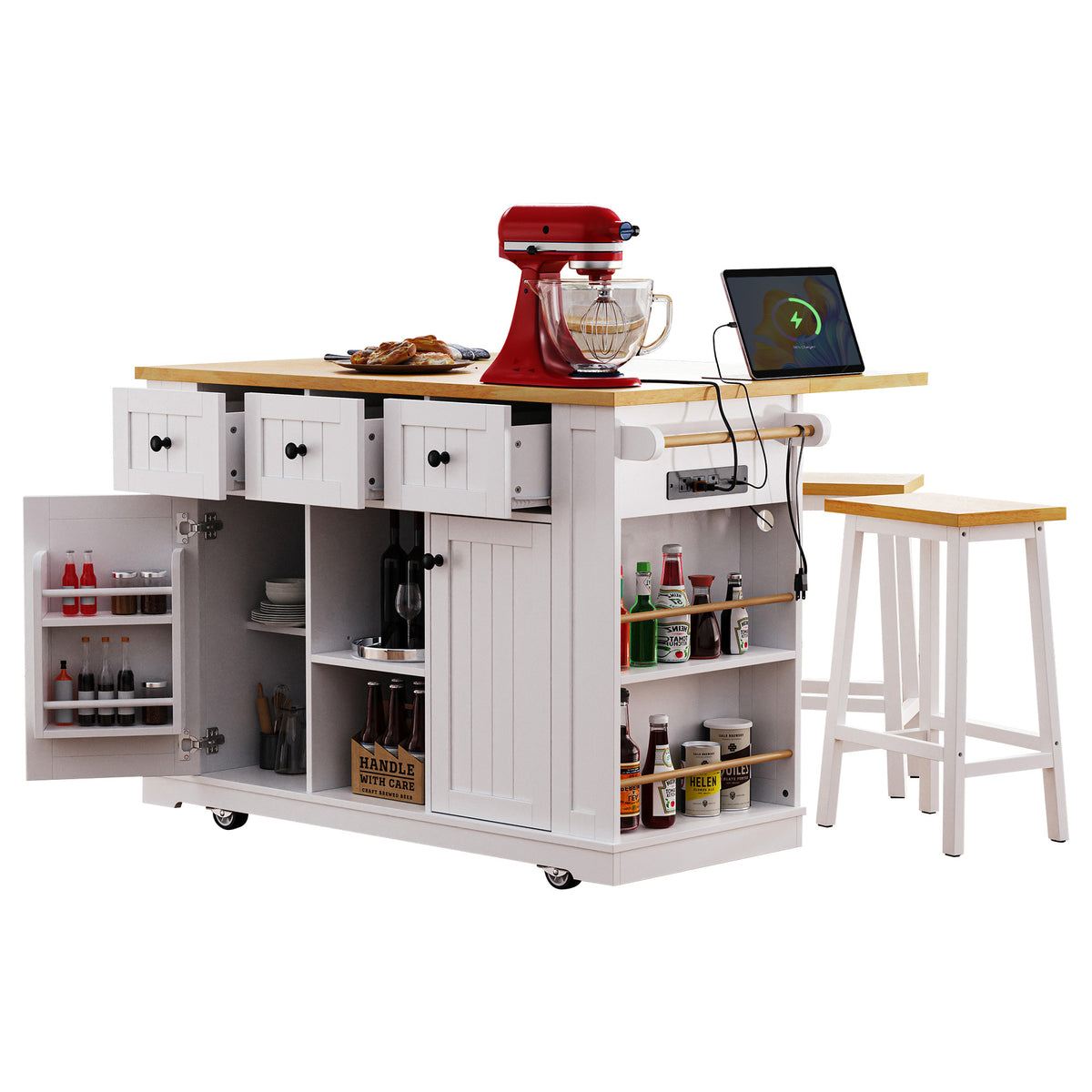 White Anthony & Home Studio MDF kitchen island with bar stools, drop leaf, power outlet, and storage cart in a modern kitchen setting.