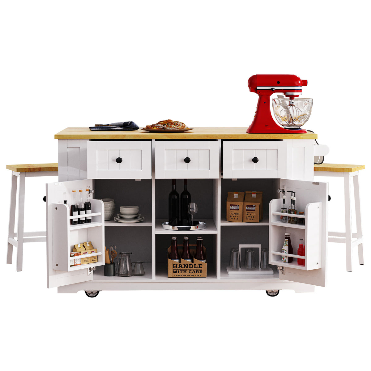 White Anthony & Home Studio MDF kitchen island with drop leaf, bar stools, power outlet, and storage cart for modern kitchens.