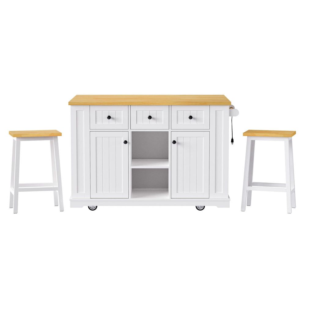 White MDF kitchen island with drop leaf, bar stools, power outlet, and storage cart by Anthony & Home.