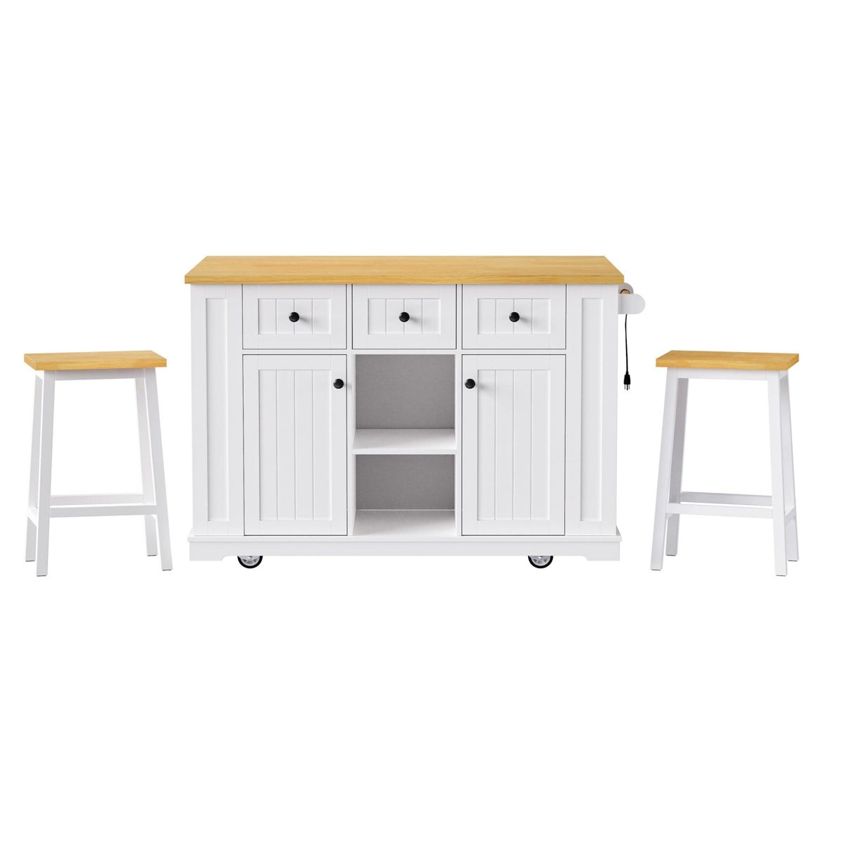 White MDF kitchen island with drop leaf, bar stools, power outlet, and storage cart by Anthony & Home.