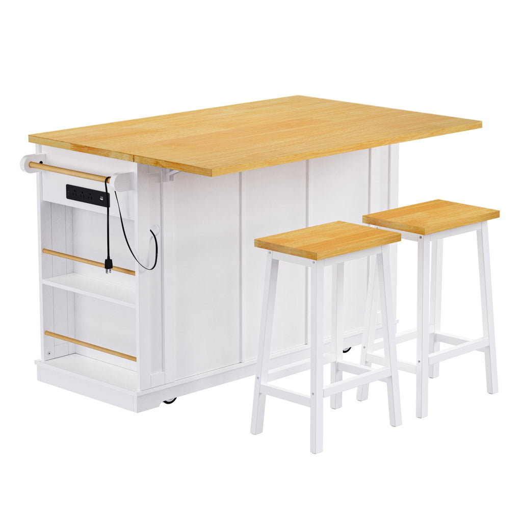 White kitchen island with drop leaf, bar stools, storage cart, and built-in power outlet from Anthony & Home.