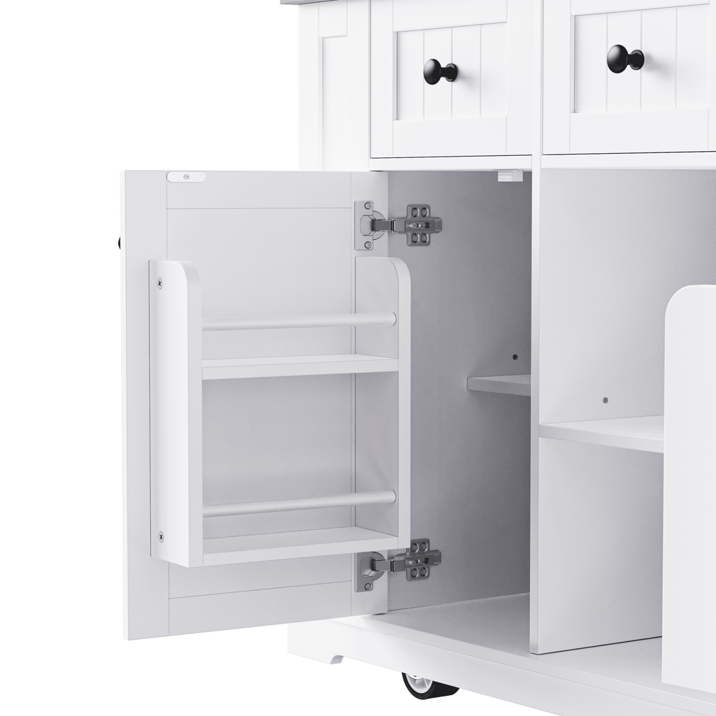 White Anthony & Home Studio MDF kitchen island with drop leaf, bar stools, storage cart, and built-in power outlet.