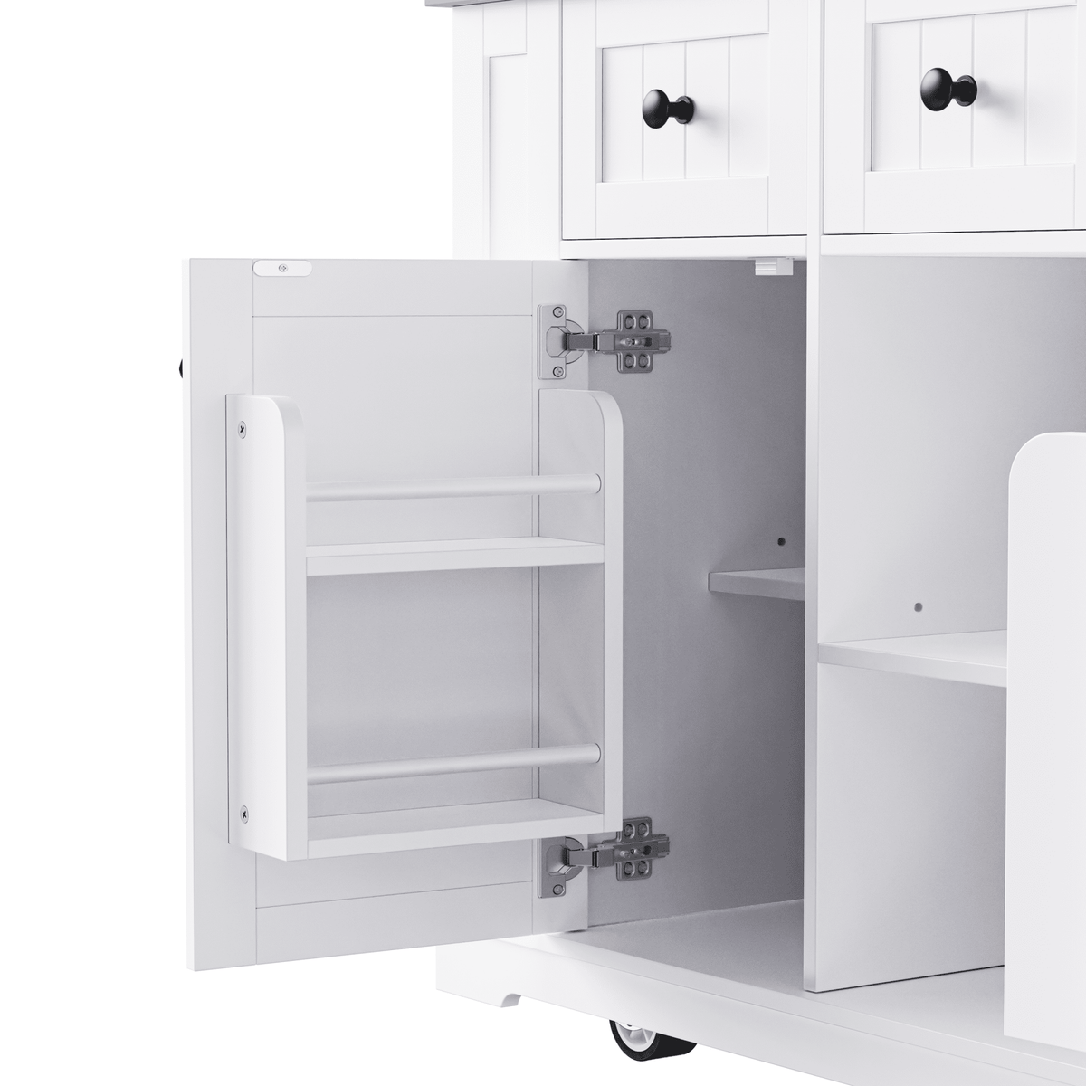 White Anthony & Home Studio MDF kitchen island with drop leaf, bar stools, storage cart, and built-in power outlet.