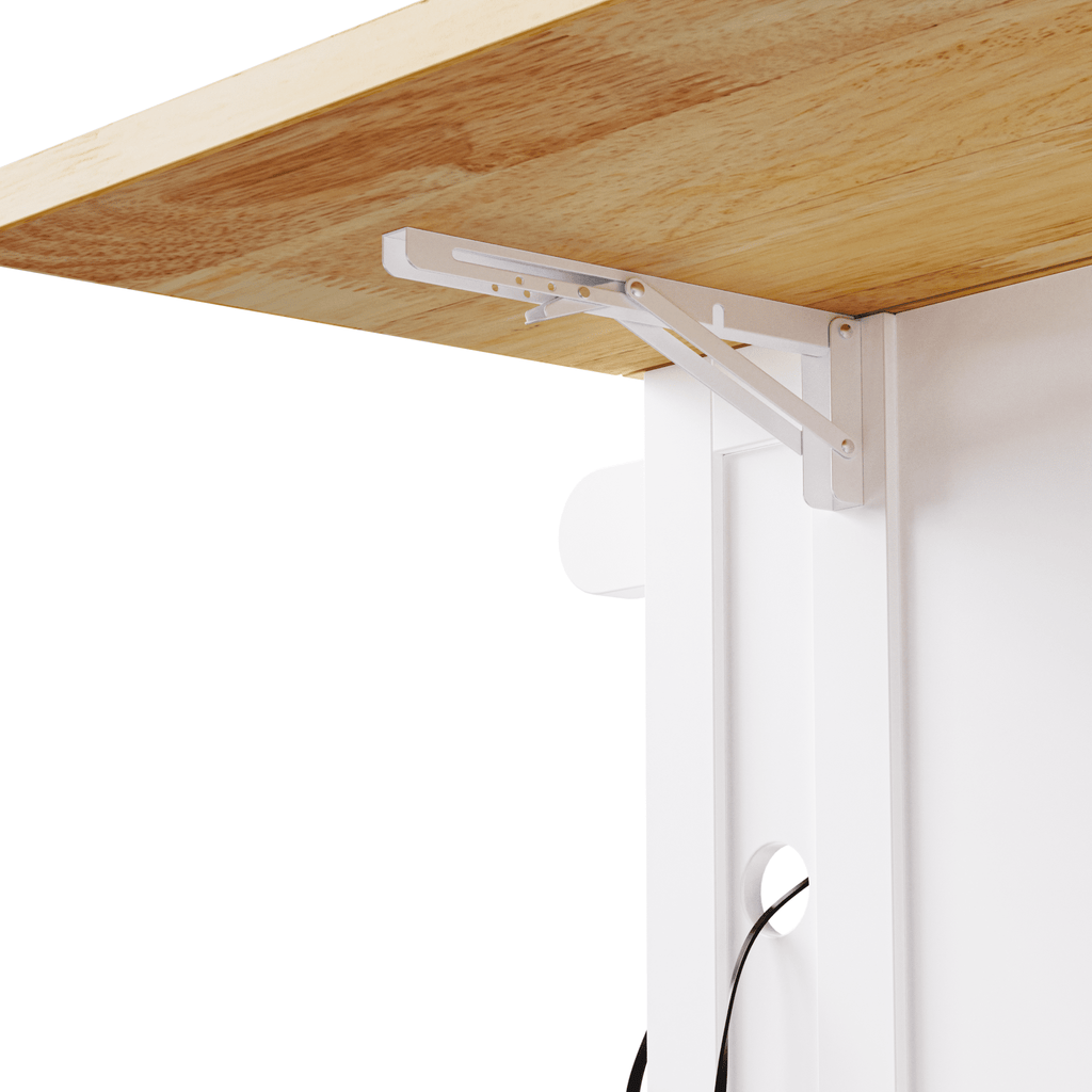 White Anthony & Home Studio MDF kitchen island with drop leaf, bar stools, power outlet, and storage cart in a modern kitchen setting.