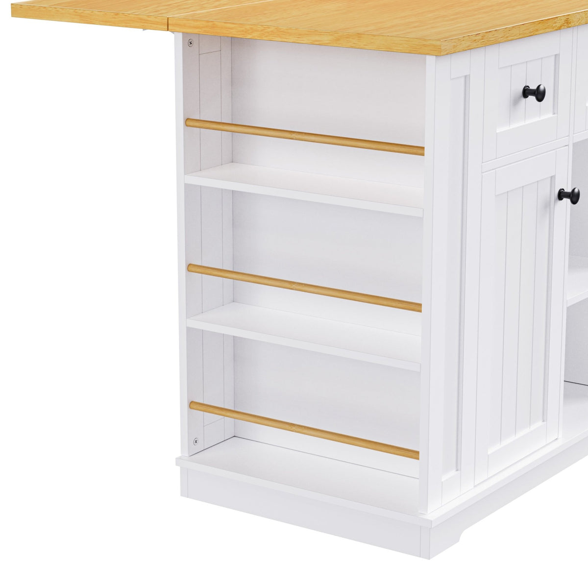 White Anthony & Home Studio MDF kitchen island with bar stools, drop leaf, power outlet, and storage cart for modern kitchens.