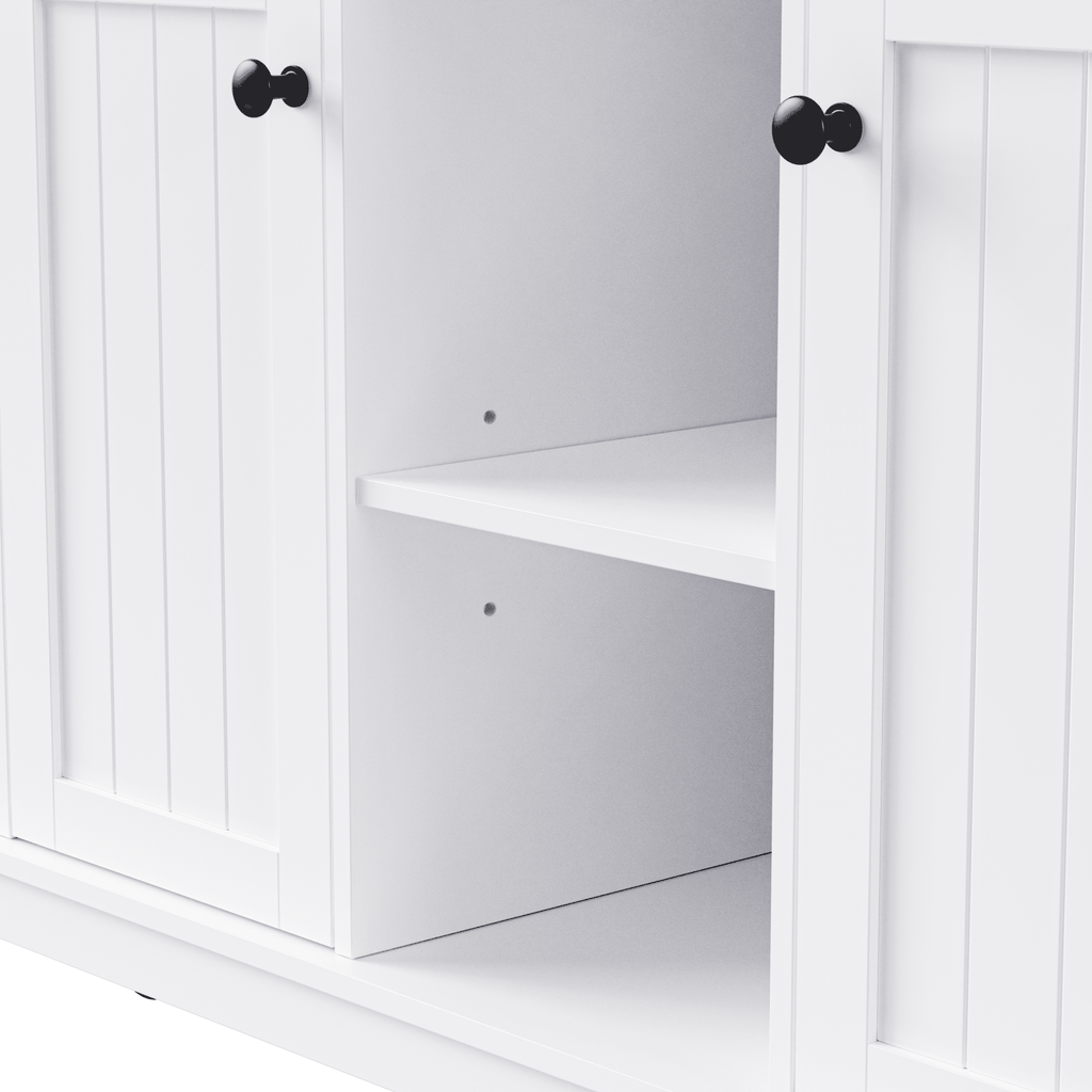 White Anthony & Home Studio MDF kitchen island with drop leaf, bar stools, power outlet, and storage cart in a modern kitchen setting.
