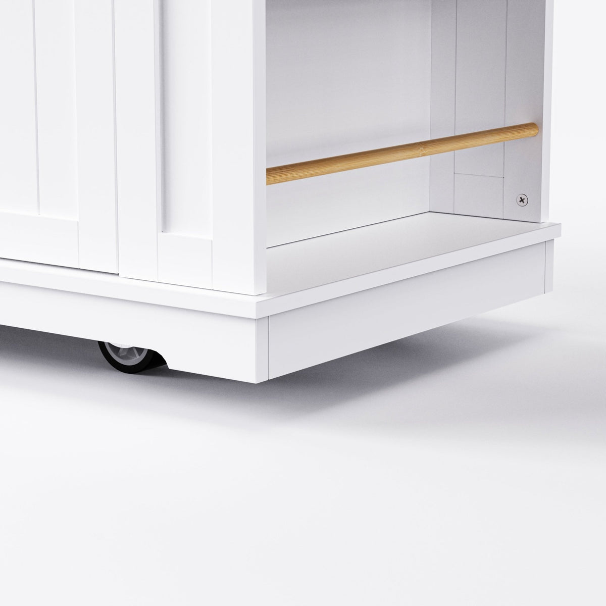 White kitchen island with drop leaf, bar stools, storage cart, and power outlet, crafted by Anthony & Home in MDF material.