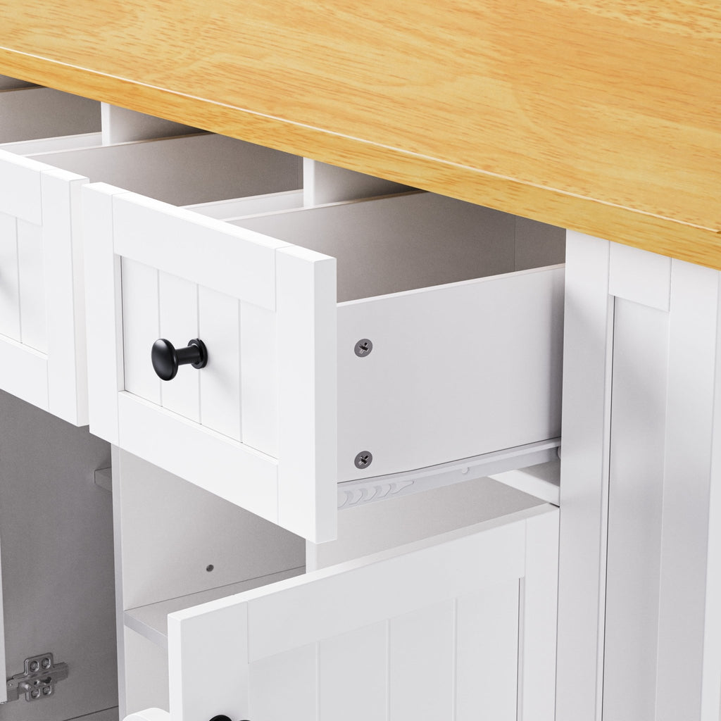 White MDF kitchen island with drop leaf, bar stools, power outlet, and storage cart from Anthony & Home.
