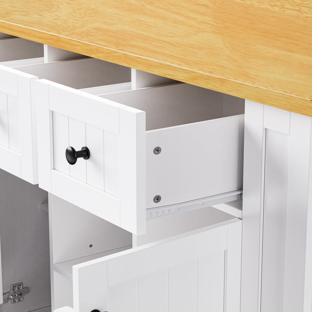 White MDF kitchen island with drop leaf, bar stools, power outlet, and storage cart from Anthony & Home.