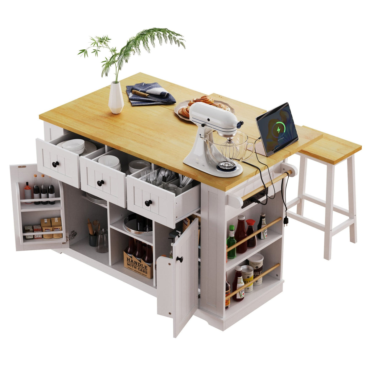 White Anthony & Home Studio MDF kitchen island with drop leaf, bar stools, power outlet, and storage cart for versatile kitchen use.