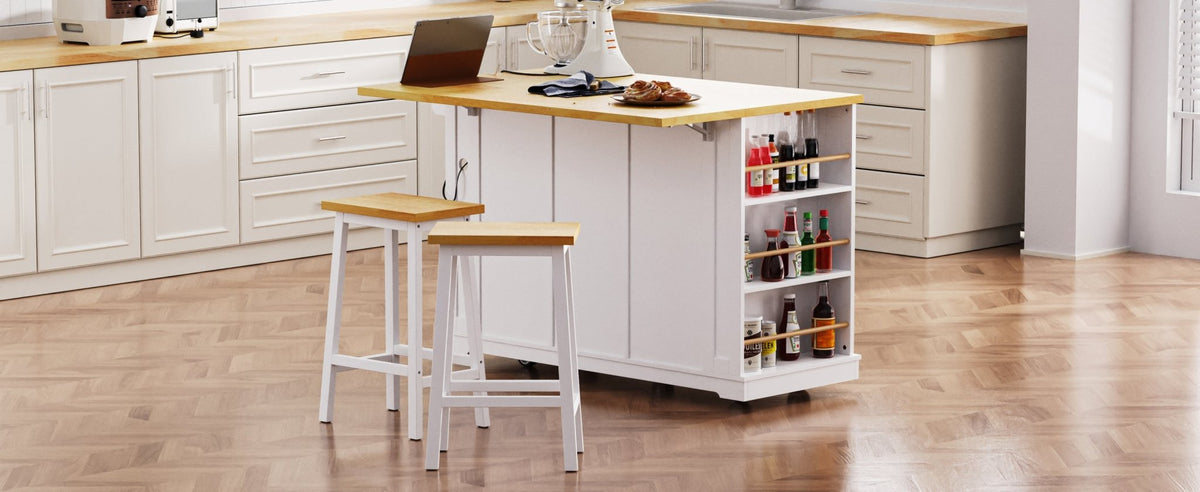 White MDF kitchen island with drop leaf, built-in power outlet, storage cart, and bar stools by Anthony & Home.
