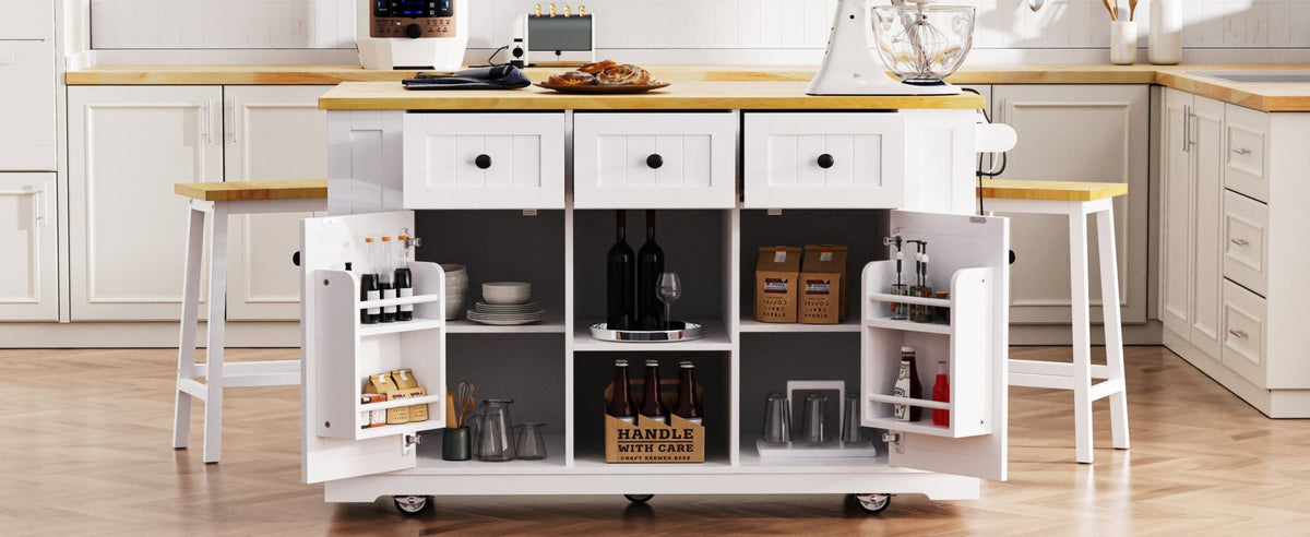 White Anthony & Home MDF kitchen island with drop leaf, bar stools, built-in power outlet, and storage cart.