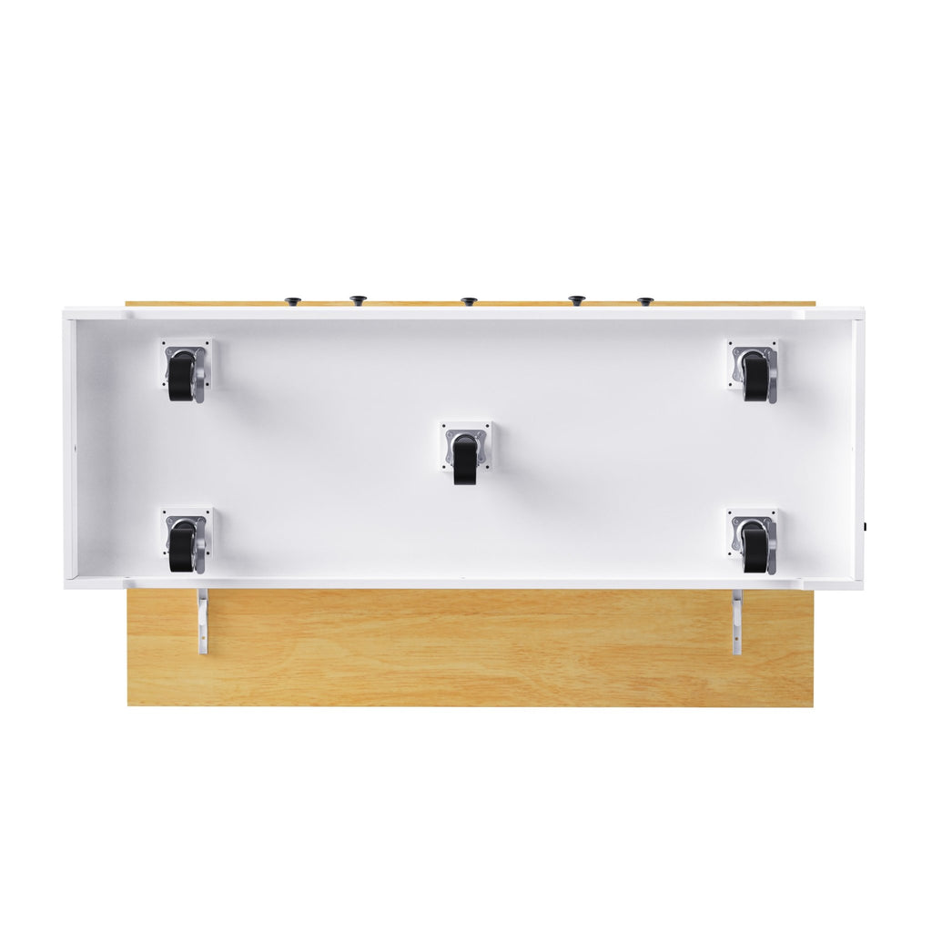 White kitchen island with drop leaf, storage cart, power outlet, and bar stools in a modern Anthony & Home studio MDF crafted design.
