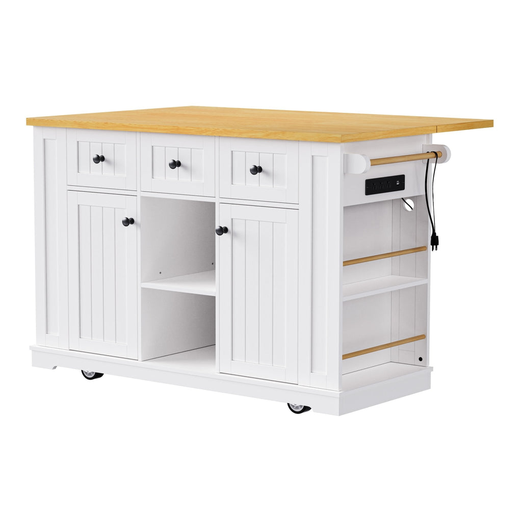 White wooden kitchen island with drop leaf, bar stools, power outlet, and storage cart, crafted by Anthony & Home.