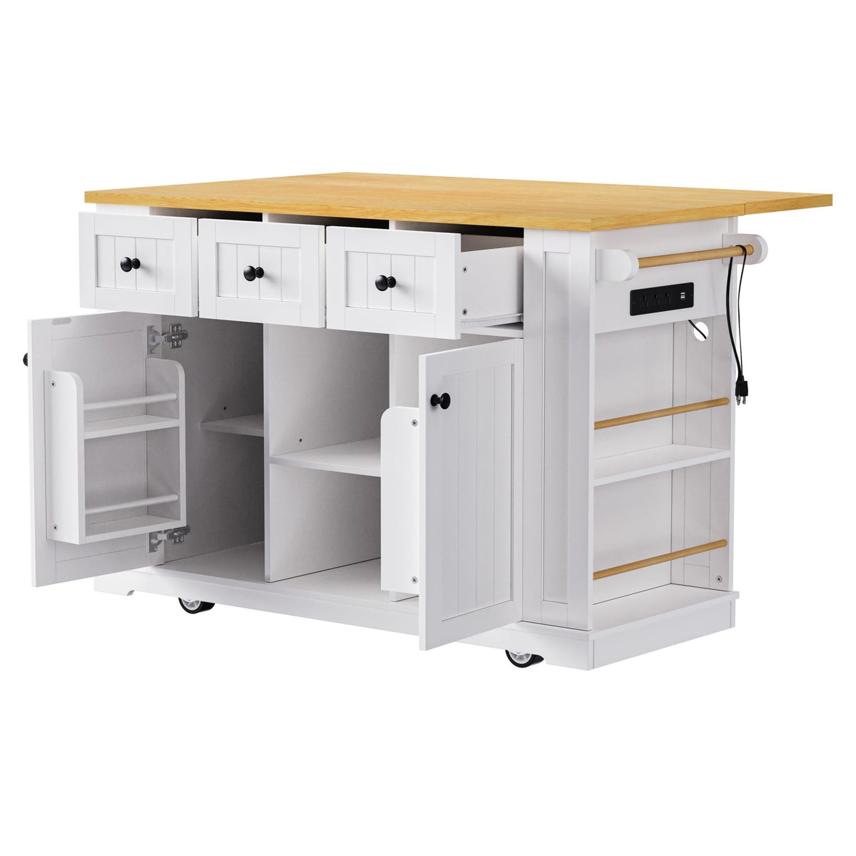 Anthony & Home white MDF kitchen island with drop leaf, bar stools, power outlet, and storage cart for modern kitchen setup.