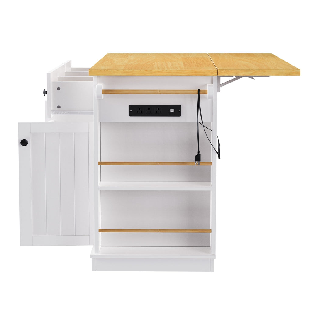 White kitchen island with drop leaf, storage cart, and bar stools from Anthony & Home, featuring power outlet and MDF construction.