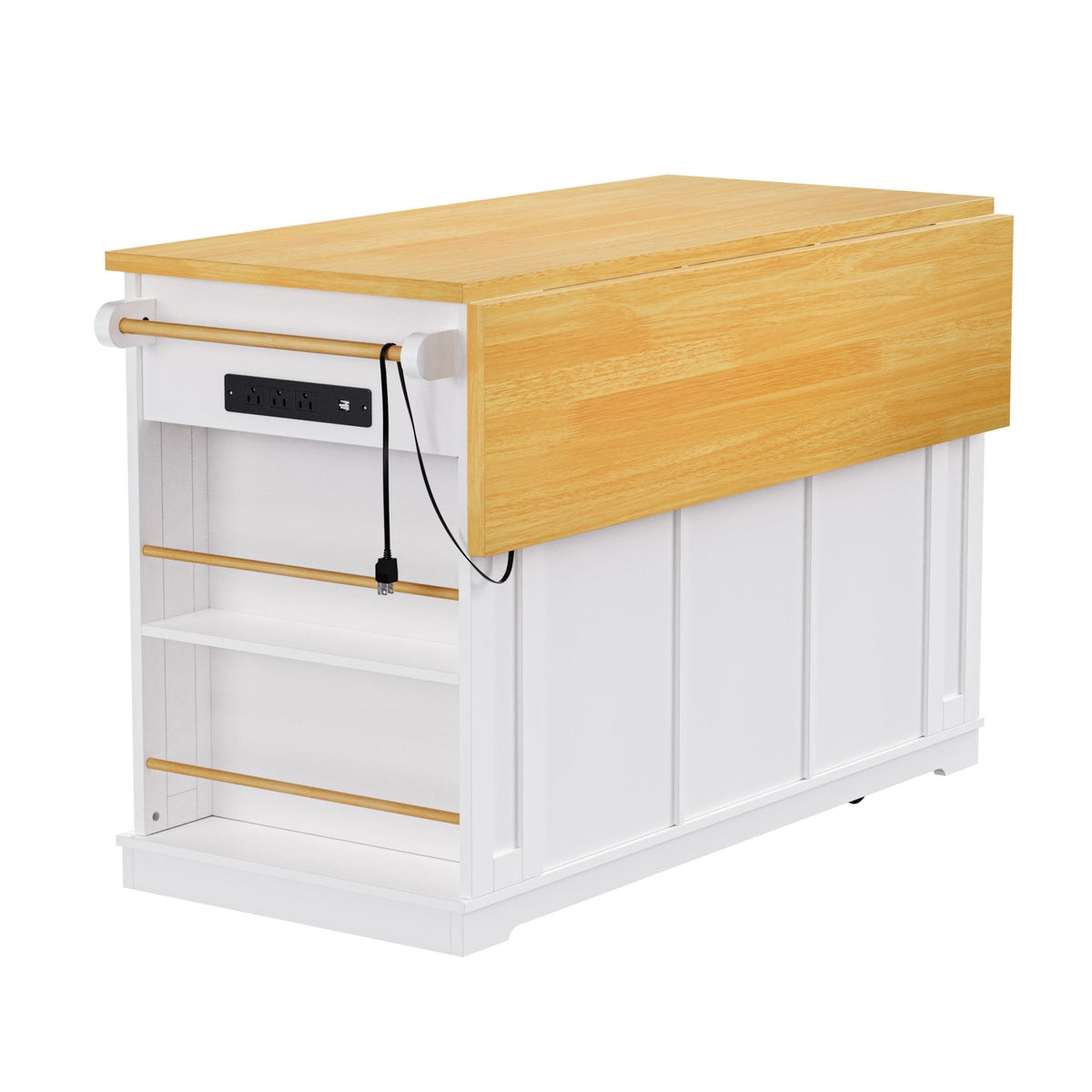 White kitchen island with drop leaf, bar stools, storage cart, and power outlet in a modern Anthony & Home studio MDF crafted kitchen.